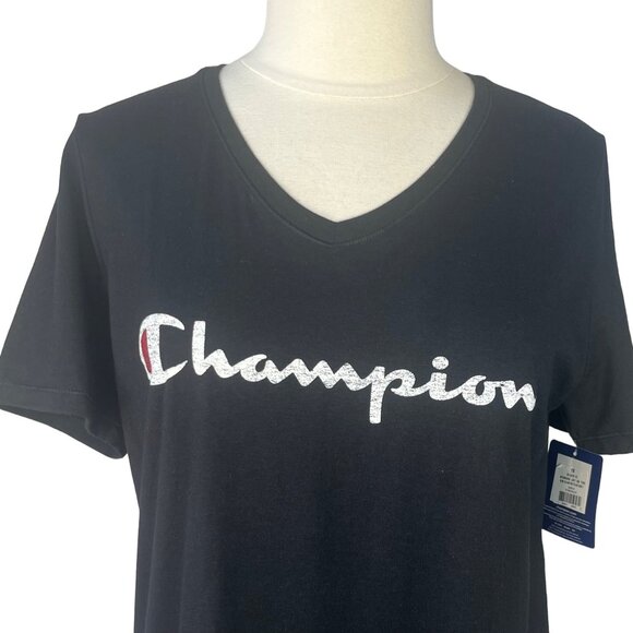 Champion Write Out Tshirt Womens Size 1X Black Vneck Logo Short Sleeves New - Picture 3 of 10